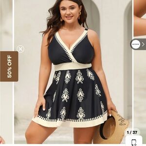 BloomChic Navy One-Piece Swim Dress with Cream Trim